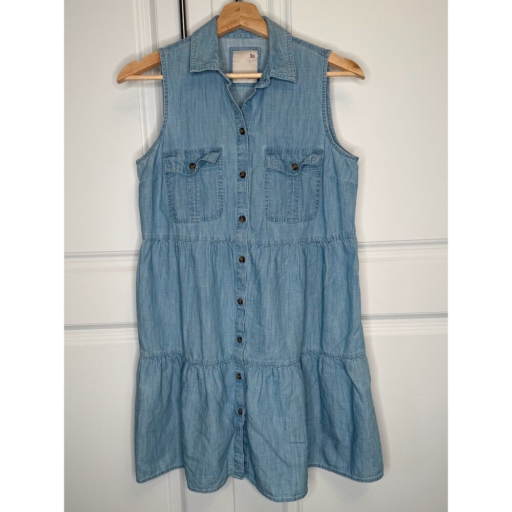 SO Chambray Shirt Dress Women's Small Button Front Tiered Cotton Mini Casual